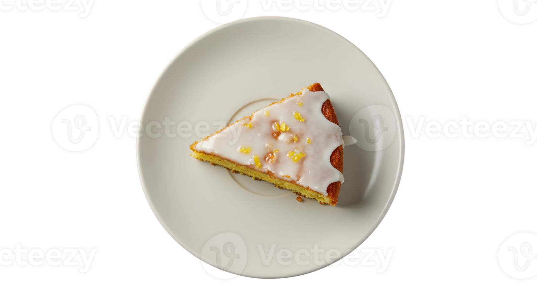 Overhead View of a Slice of Lemon Cake with White Icing on a White Plate png