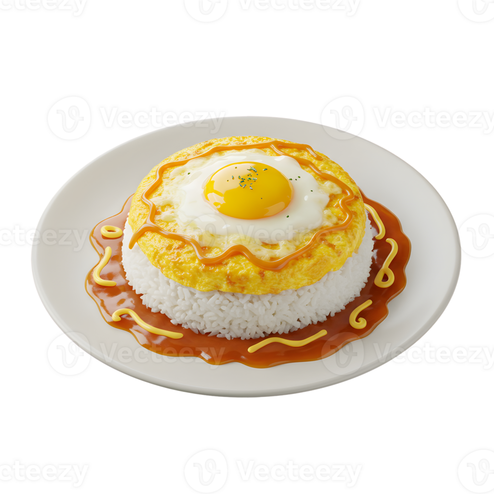 Overhead View of a Round Plate of Rice Topped with a Fried Egg and Yellow Sauce png