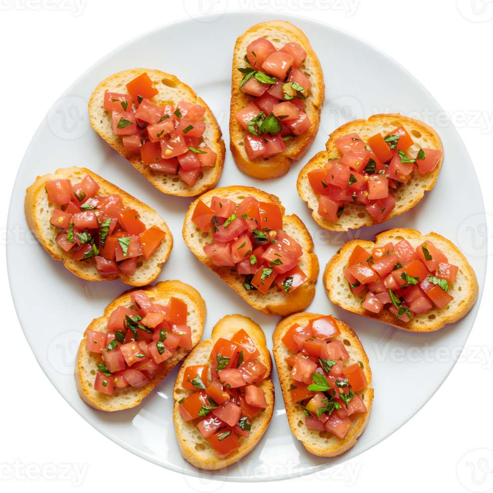 Overhead View of Nine Pieces of Bruschetta on a White Plate png