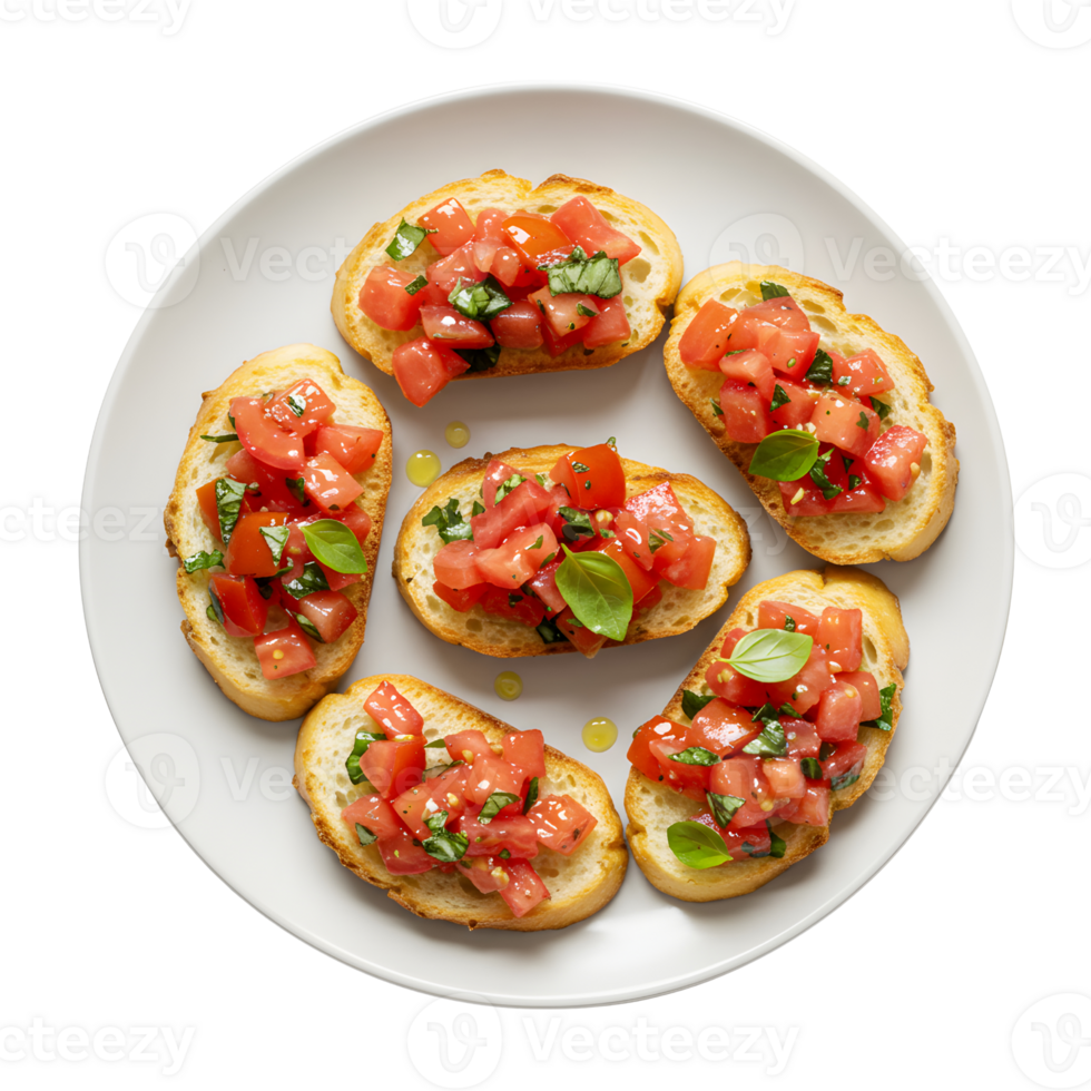 Overhead View of Six Pieces of Bruschetta on a White Plate png