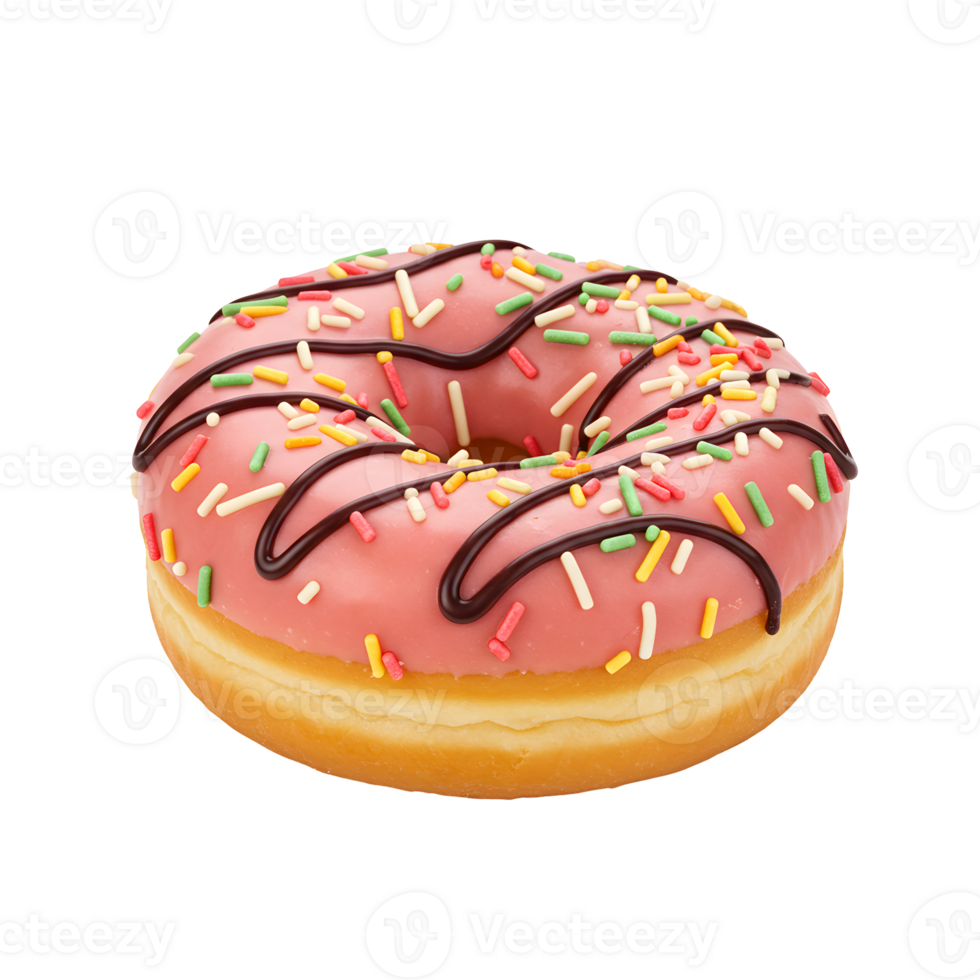 Pink Donut with Chocolate Drizzle and Sprinkles on Transparent Background png