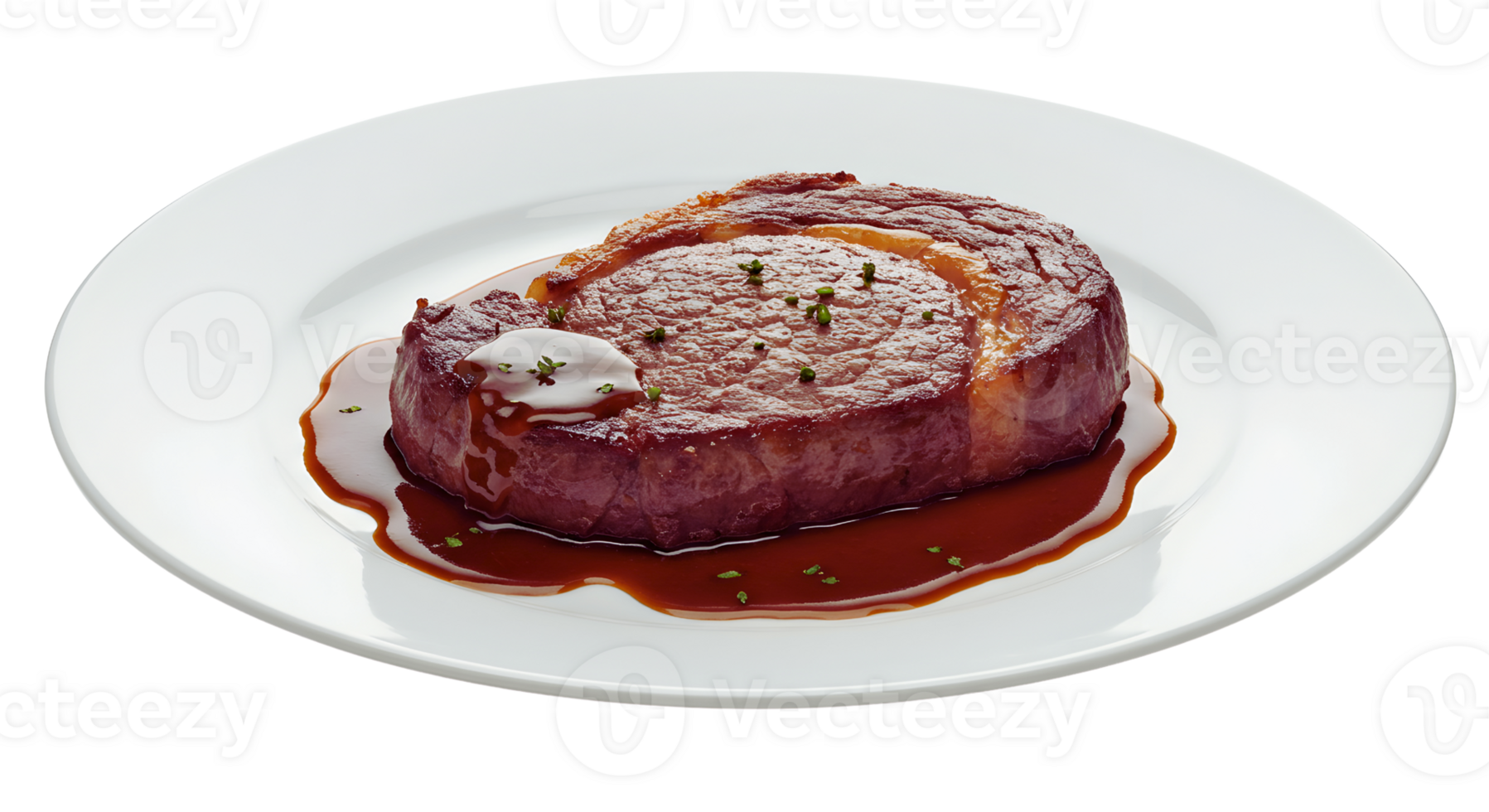 Seared Beef Steak with Brown Sauce on White Plate png