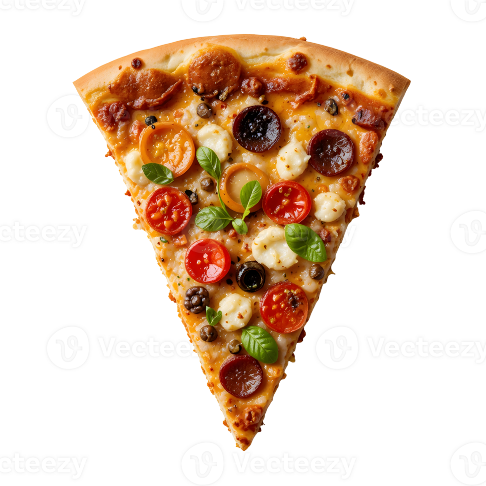 Single Slice of Pepperoni Pizza with Cheese Tomatoes and Olives png