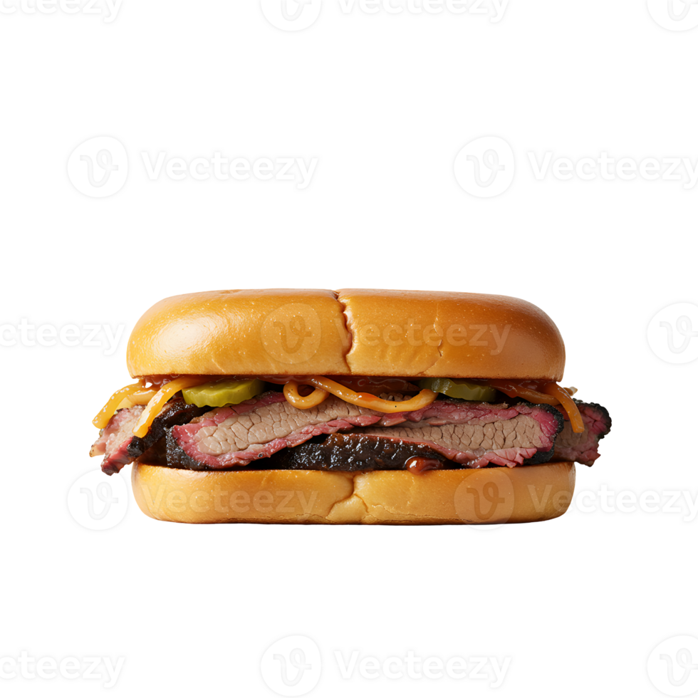 Smoked Beef Brisket Sandwich with Cheese and Pickles png
