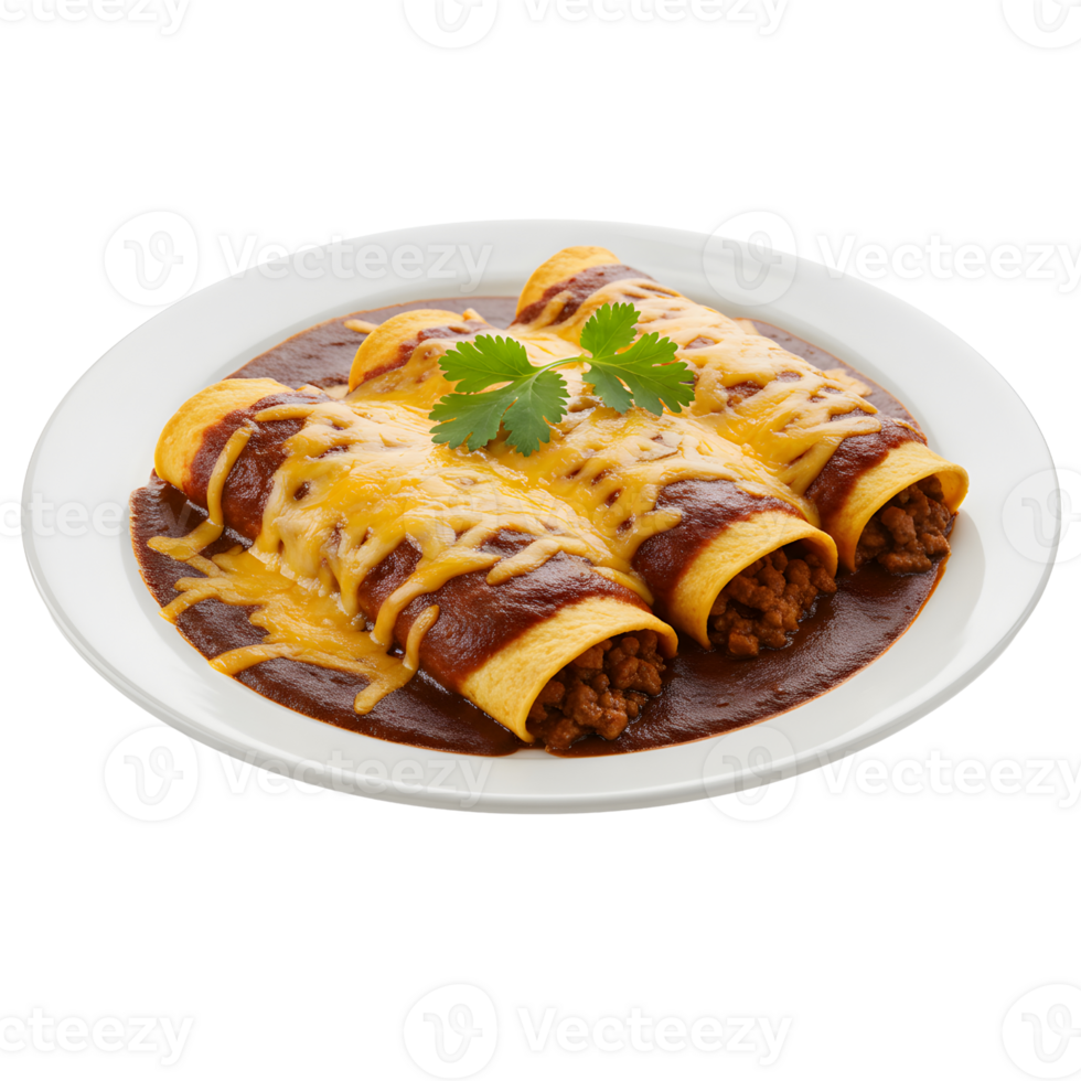 Three Beef Enchiladas Topped with Melted Cheese and Red Sauce png
