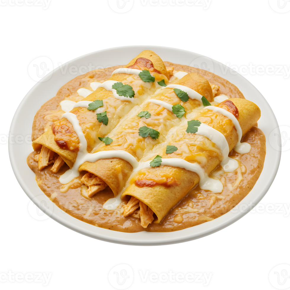 Three Chicken Enchiladas on White Plate Topped with Cheese and Sauce png