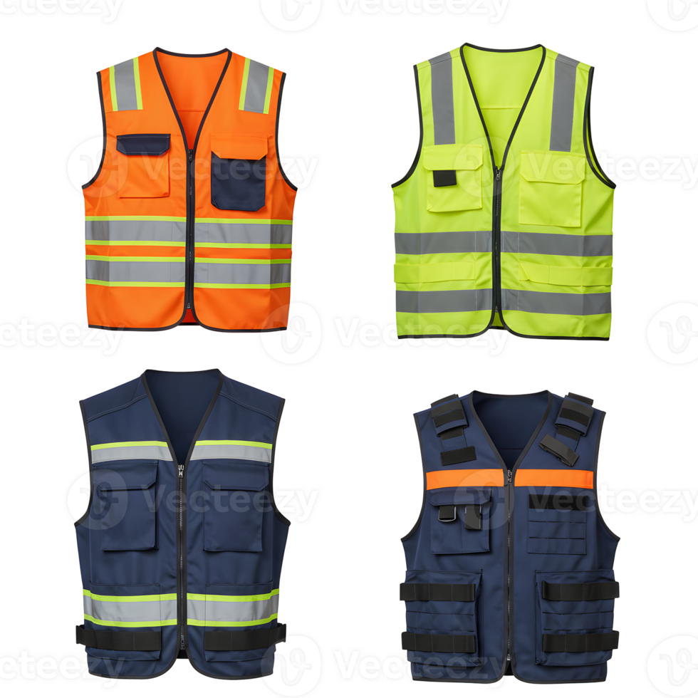 Four Safety Vests with Reflective Stripes on Transparent Background png