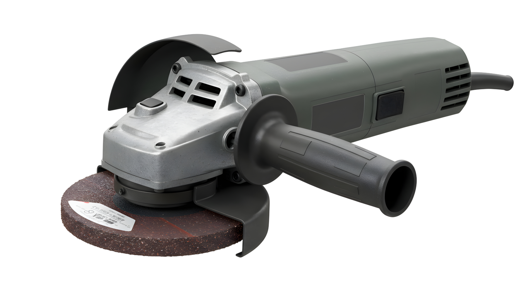 Grey Angle Grinder Power Tool with Abrasive Disc on Transparent Background png