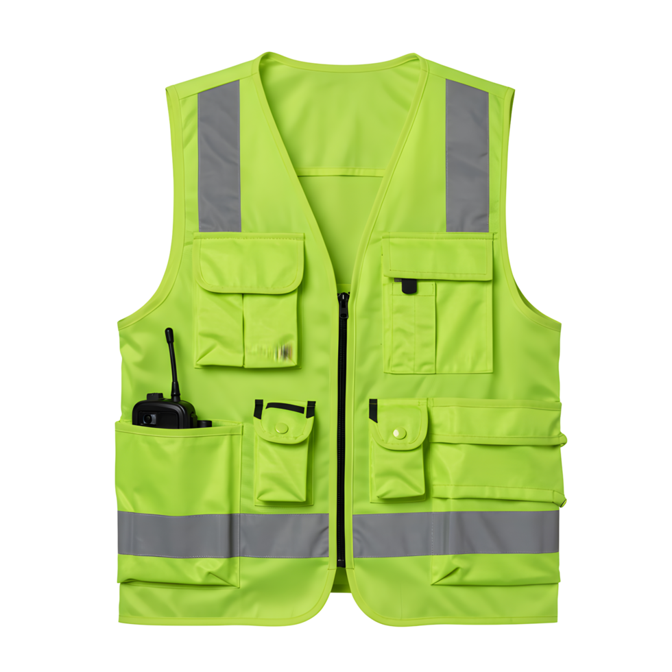 Lime Green High Visibility Safety Vest with Reflective Stripes and Multiple Pockets png