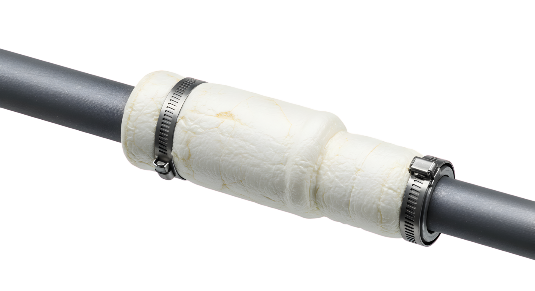 Grey Metal Pipe with White Foam Insulation and Clamps png