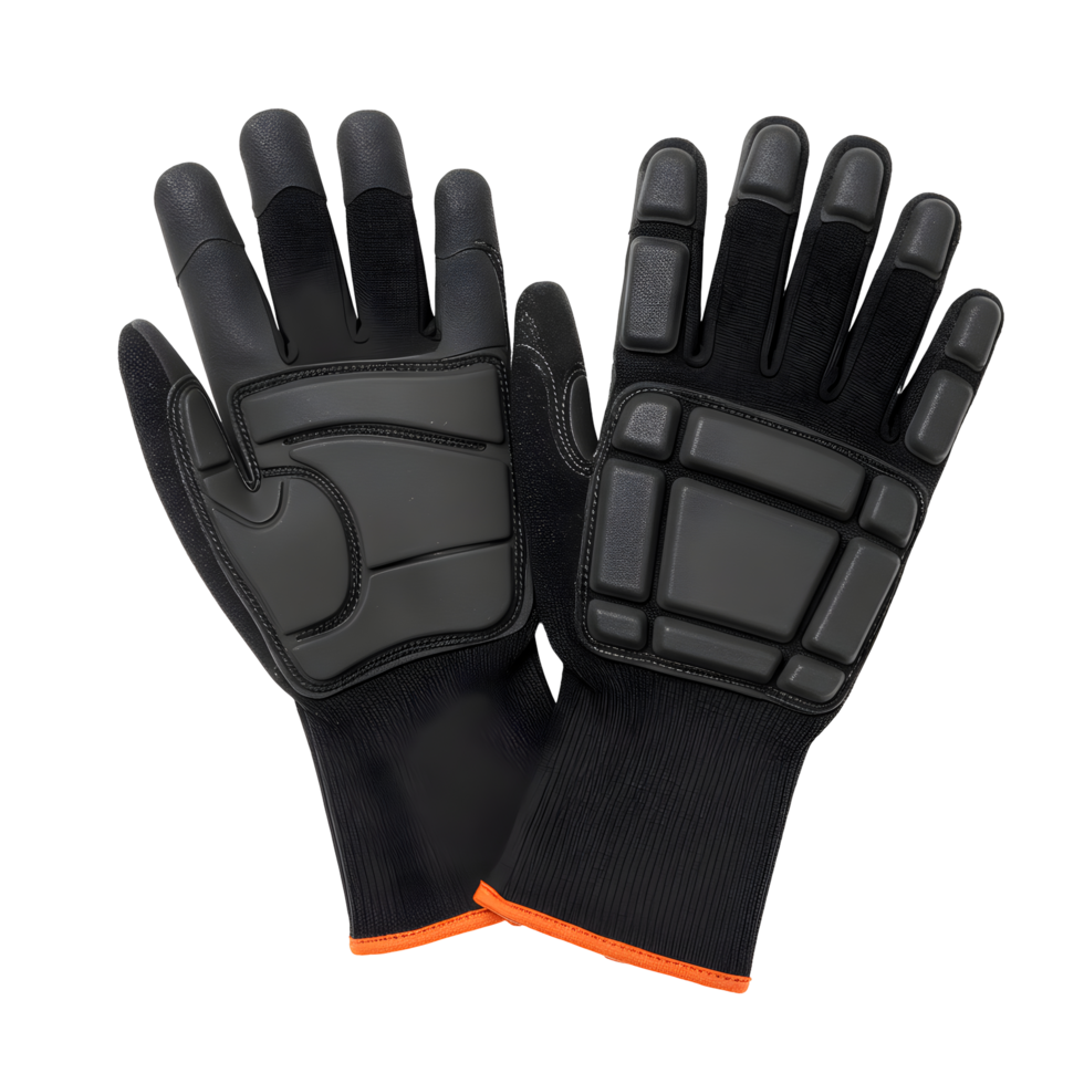 Pair of Black Work Gloves with Orange Trim on Transparent Background png