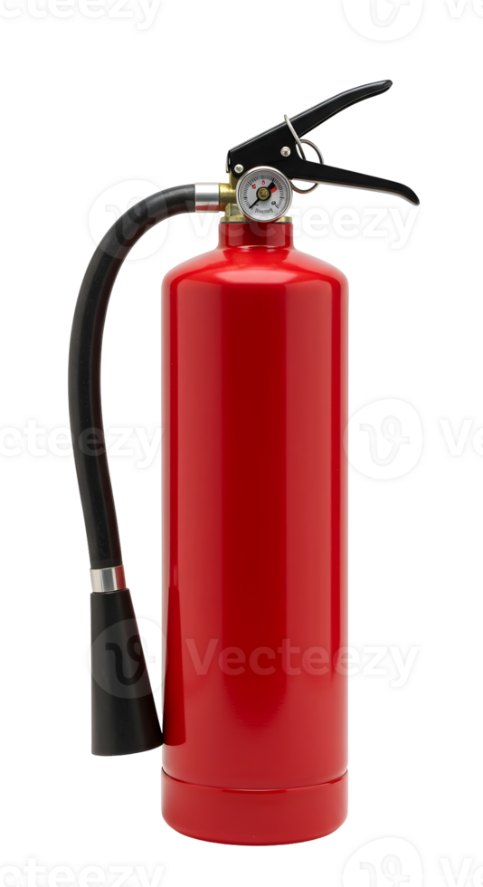 Red Metal Fire Extinguisher with Hose and Nozzle on Transparent Background png