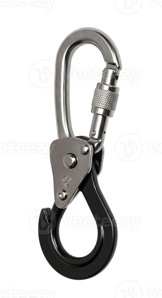 Silver Metal Carabiner Hook with Black Coating on Transparent Background png