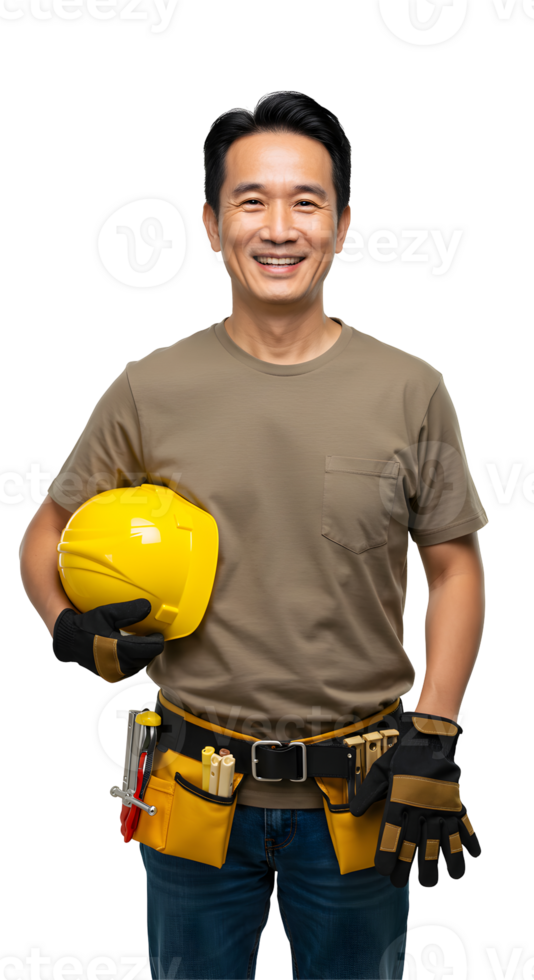 Smiling Construction Worker Holding Yellow Helmet png