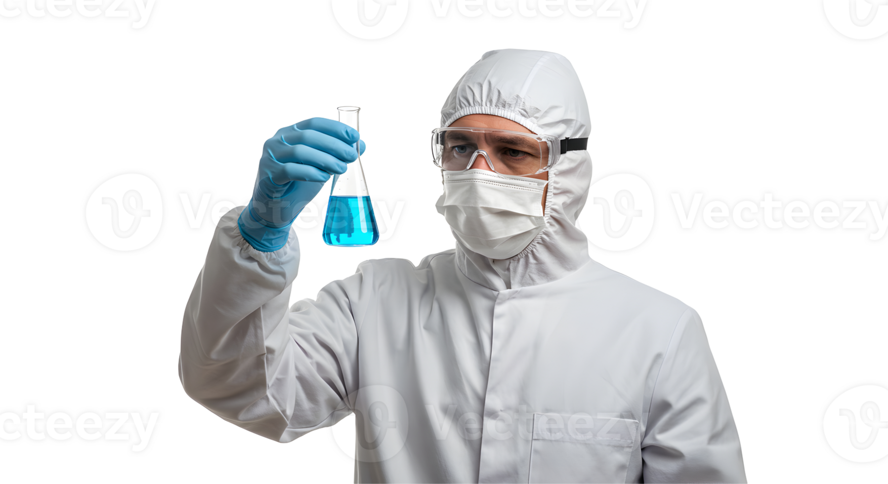 Scientist in Protective Gear Examining Blue Liquid in Beaker png
