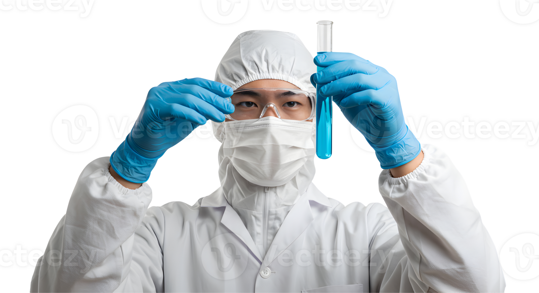 Scientist in Protective Gear Examining Blue Liquid in Test Tube png