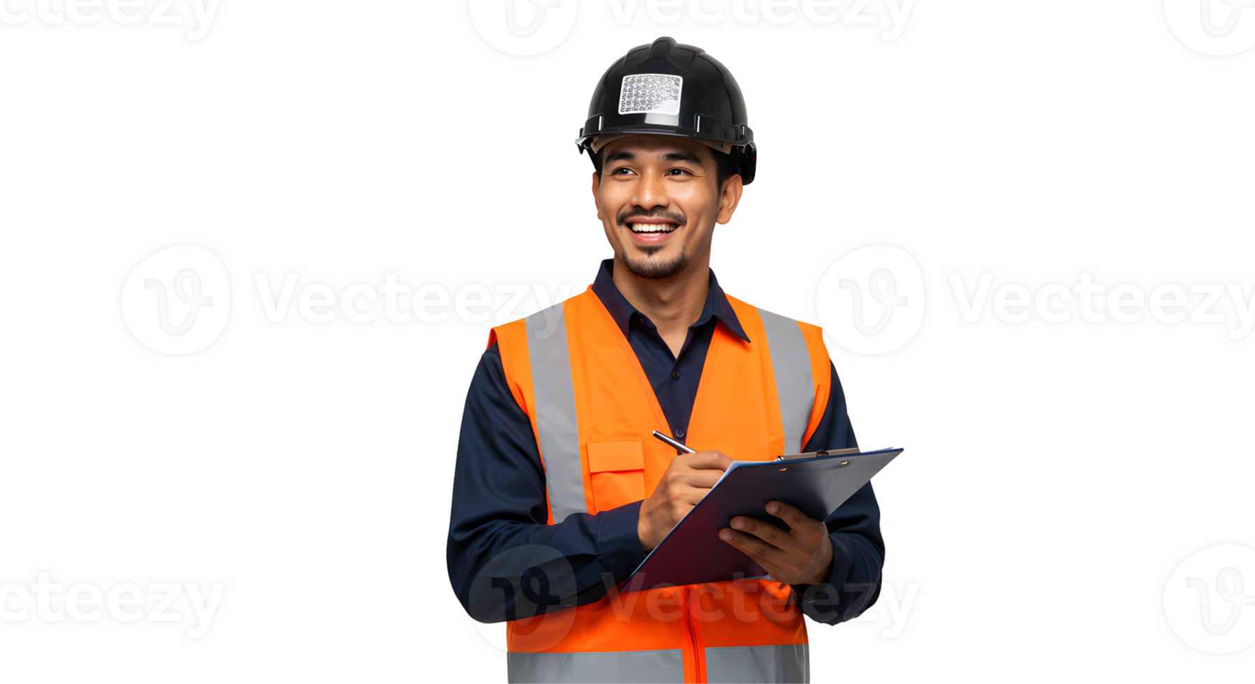 Smiling Male Construction Worker in Orange Vest and Helmet Writing on Clipboard png