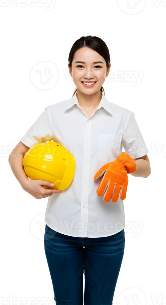 Smiling Woman Construction Worker Holding Helmet and Gloves png
