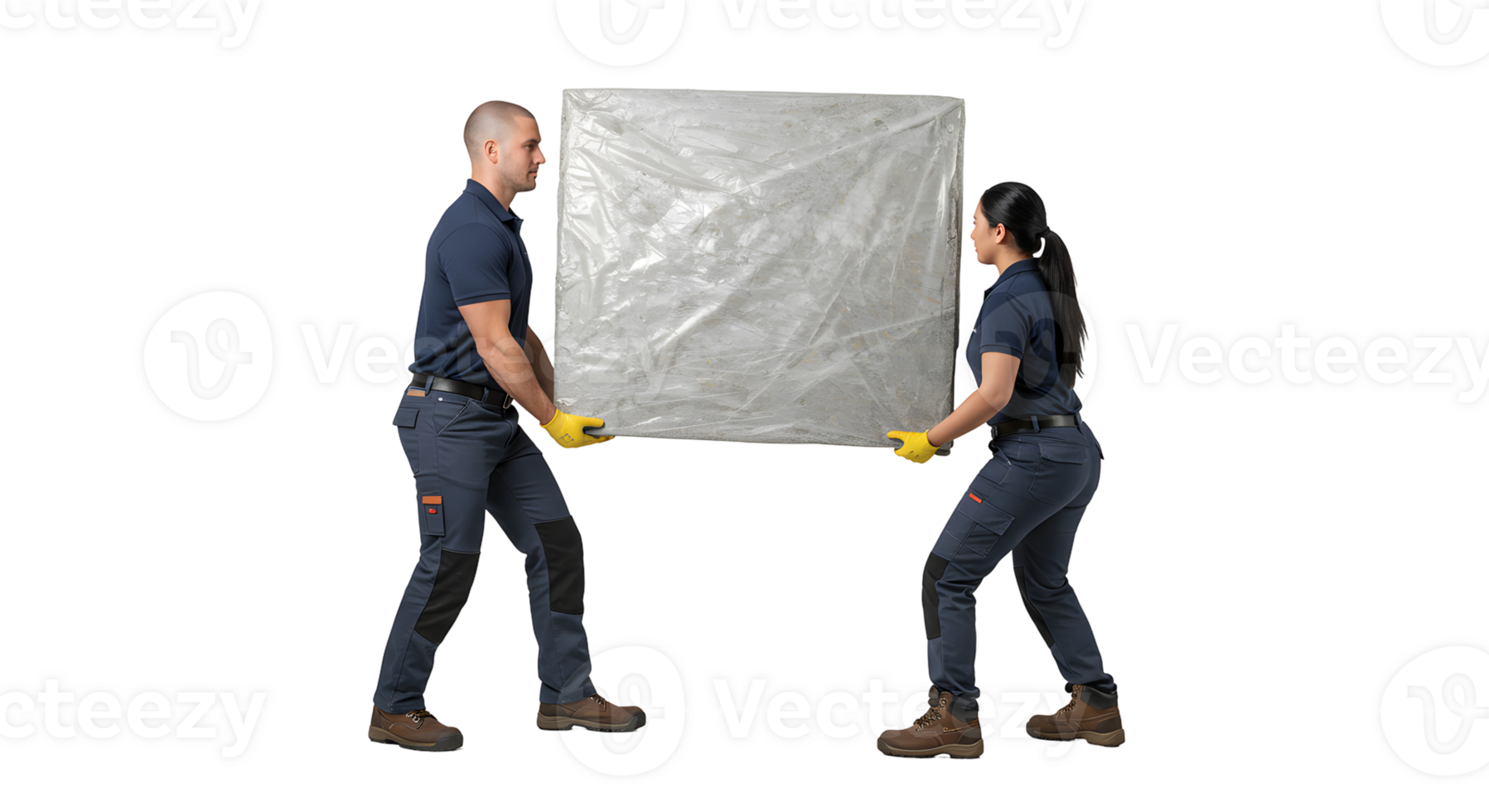Two Workers Lifting a Large Gray Package Against a Black Background png