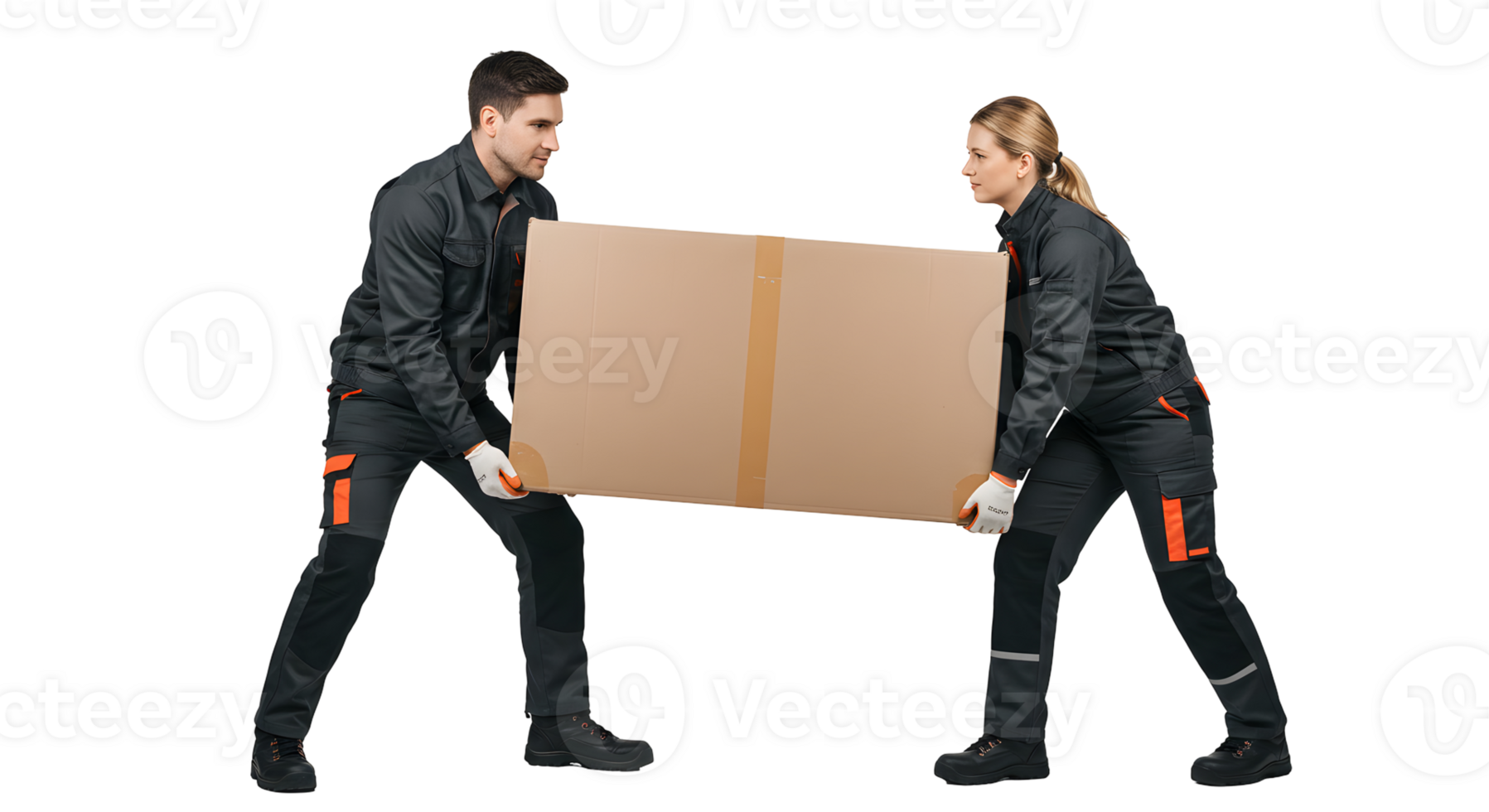 Two Workers Lifting Large Cardboard Box Against Black Background png