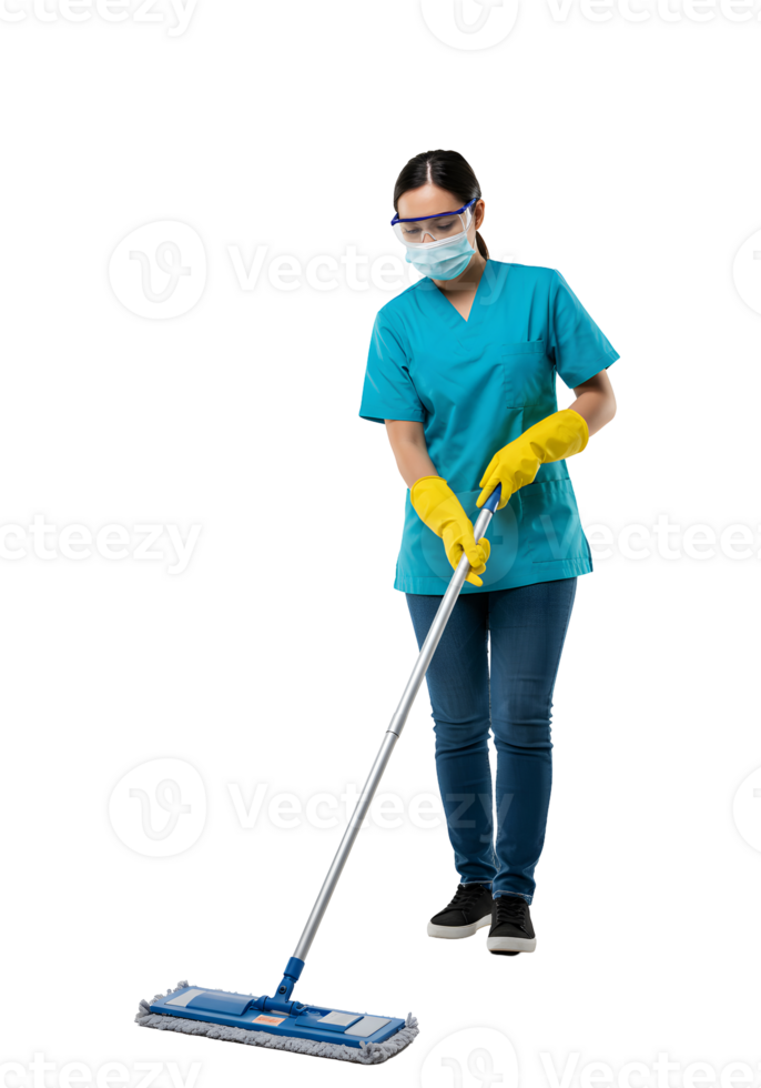 Woman in Teal Uniform and Yellow Gloves Using a Mop for Cleaning png