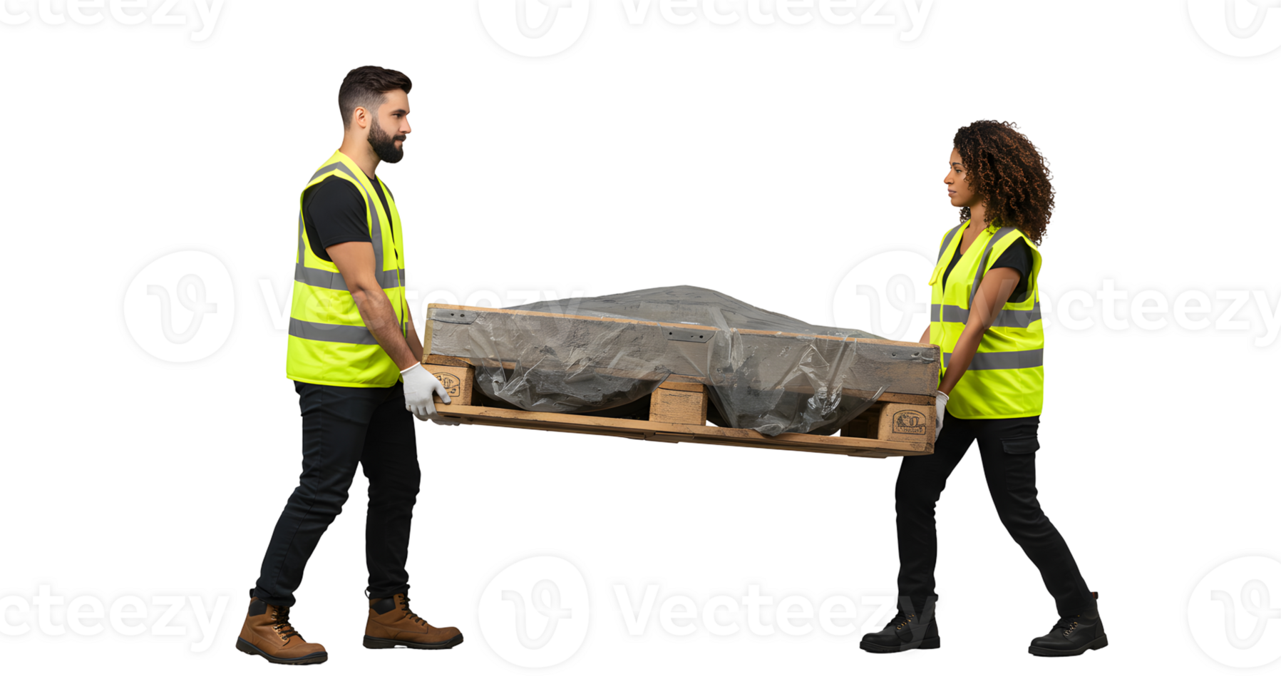 Two Workers Lifting a Heavy Pallet Together png