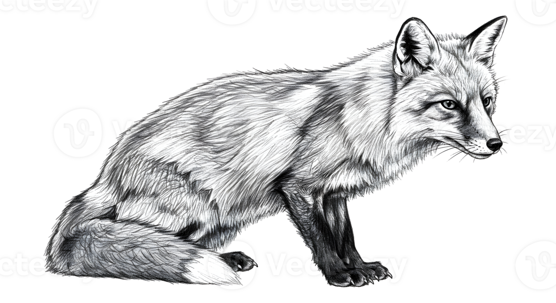Black And White Illustration Of A Sitting Fox On Transparent Background png