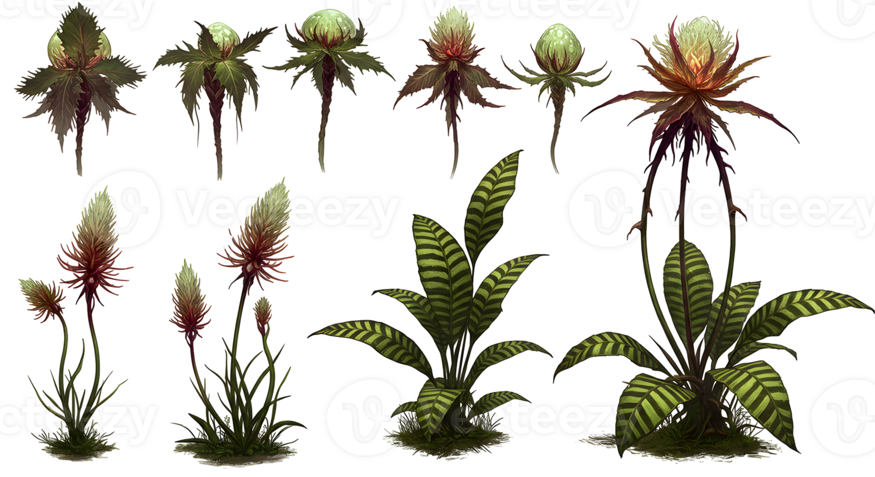 Collection of Pixel Art Fantasy Plants with Glowing Details png