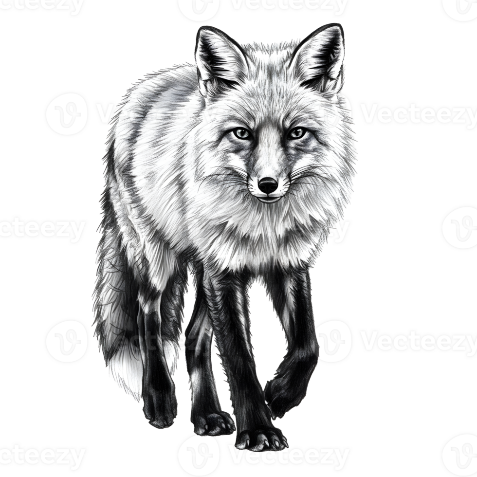 Grey Fox Walking, Black and White Detailed Illustration on Transparent Background png