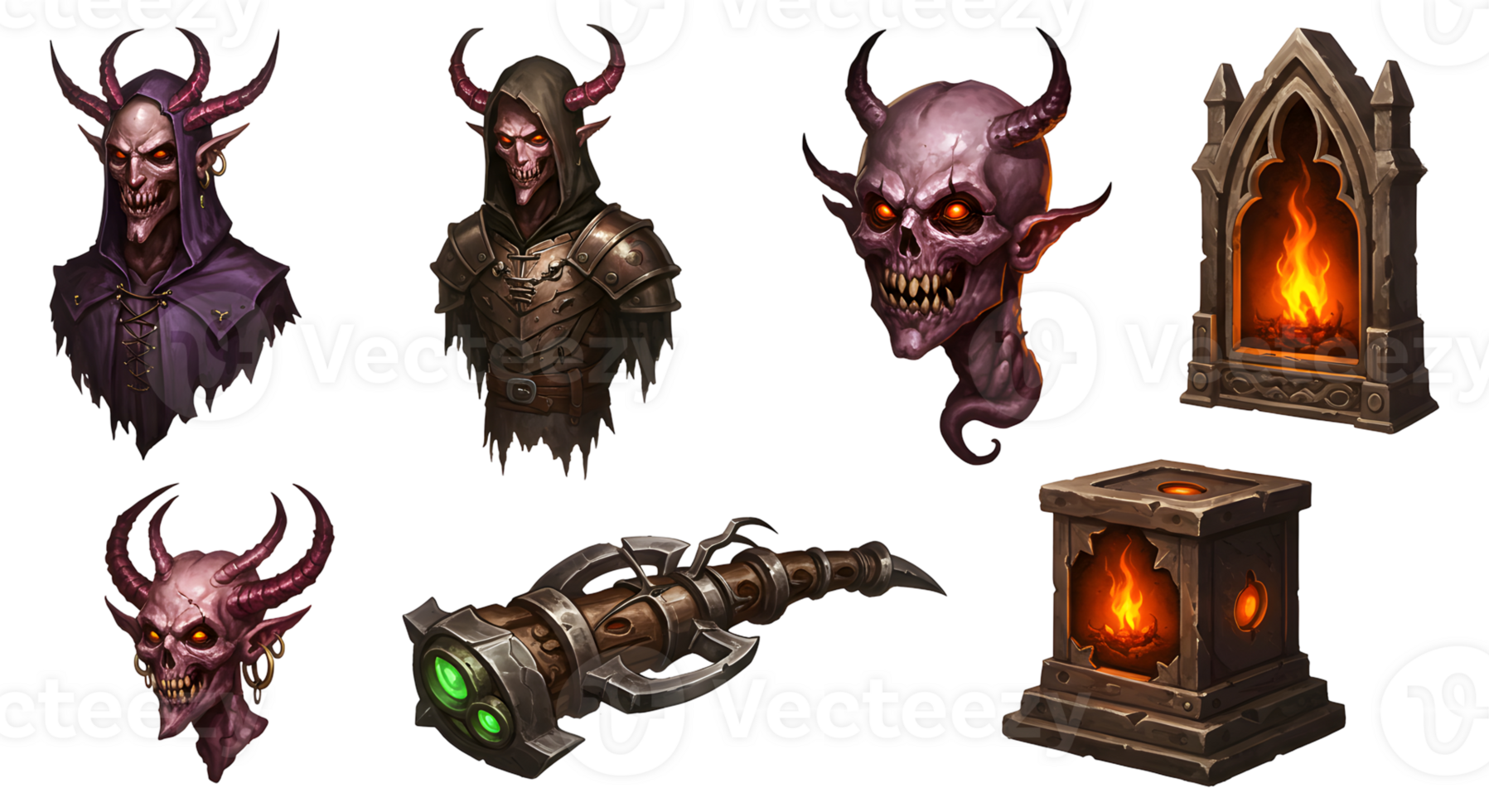 Pixel Art Demon Characters and Gothic Objects on Transparent Background png