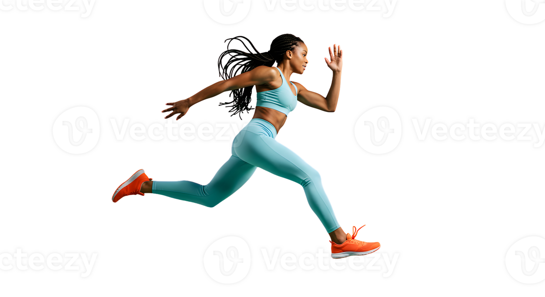 Athletic Woman in Teal Activewear Running Dynamically Against Black Background png