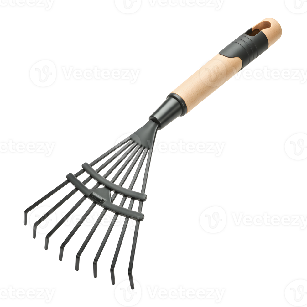 Black and Brown Garden Rake with Wooden Handle on Transparent Background png