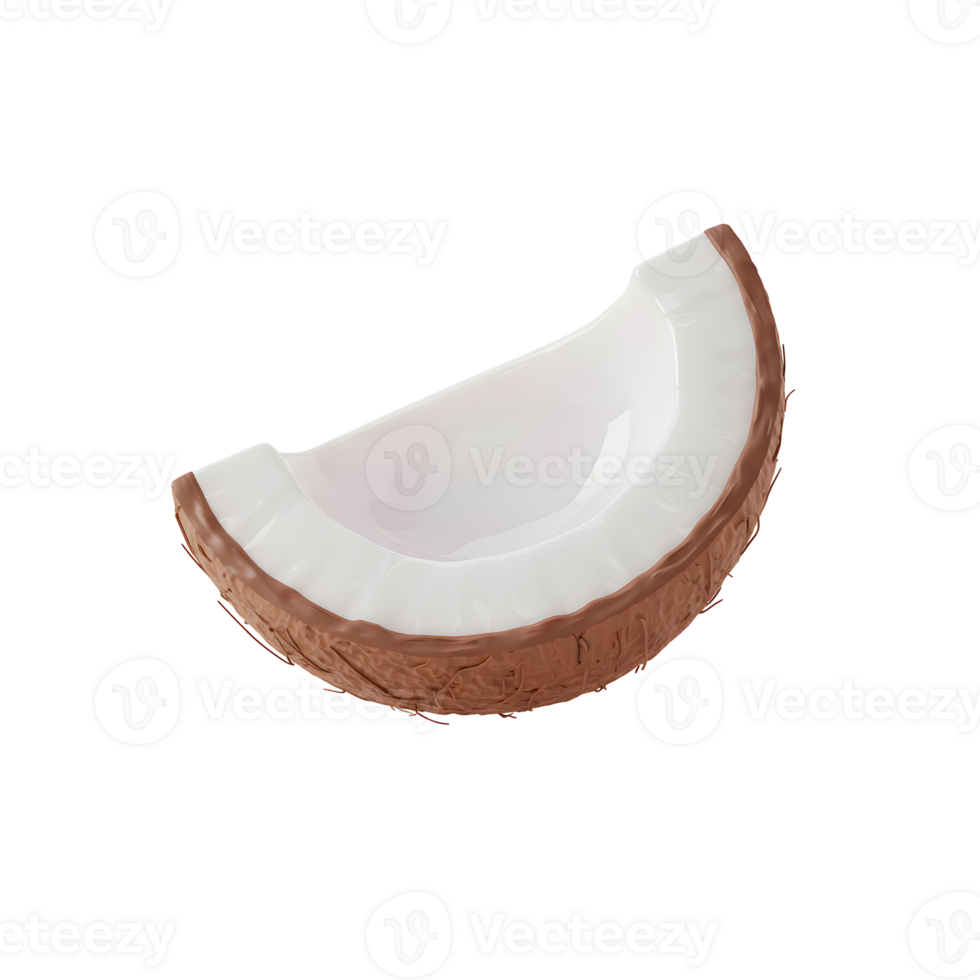 A Fresh Slice of Coconut with White Flesh and Brown Shell on Transparent Background png