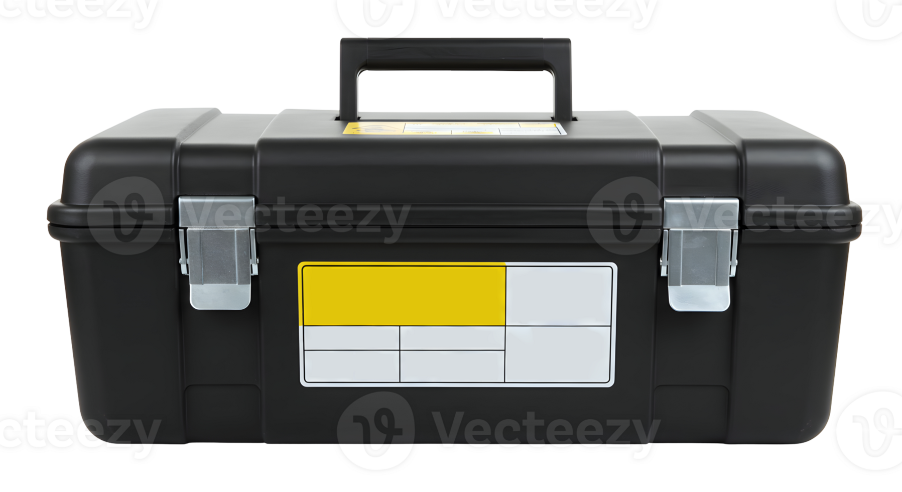 Black Plastic Tool Box with Yellow Label on Transparent Background png