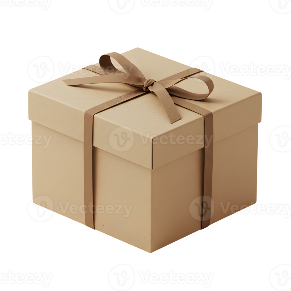 Brown Square Gift Box with Beige Ribbon on Transparent Background png