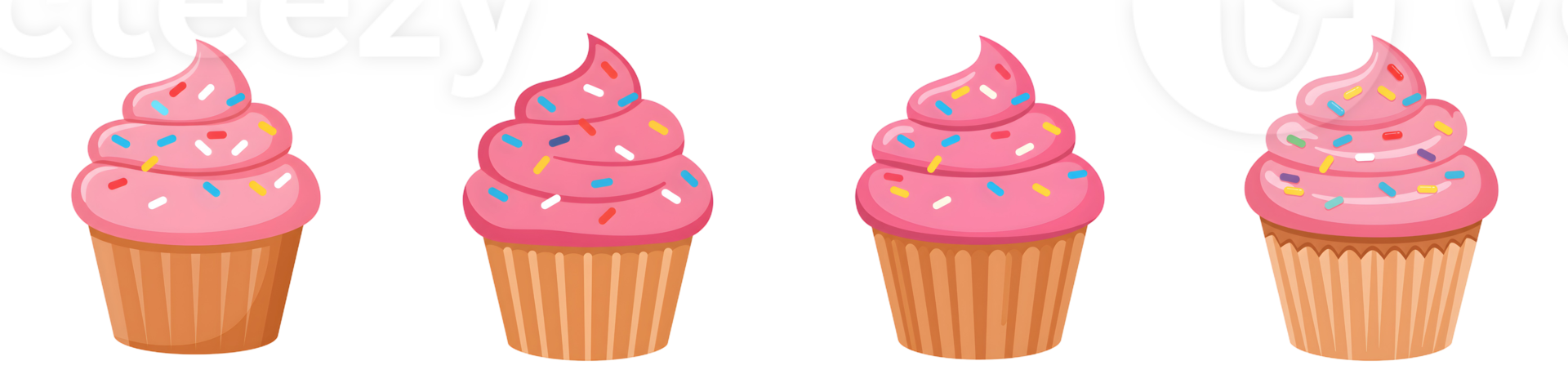 Four Pink Cupcakes with Sprinkles on Transparent Background png