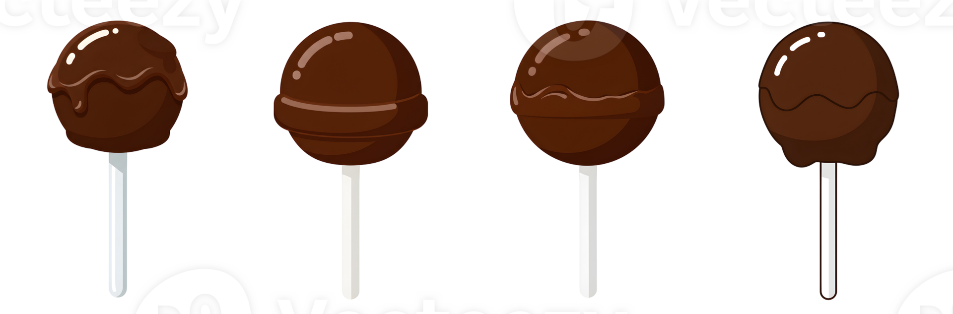 Four Brown Chocolate Lollipops on White Sticks Against Black Background png