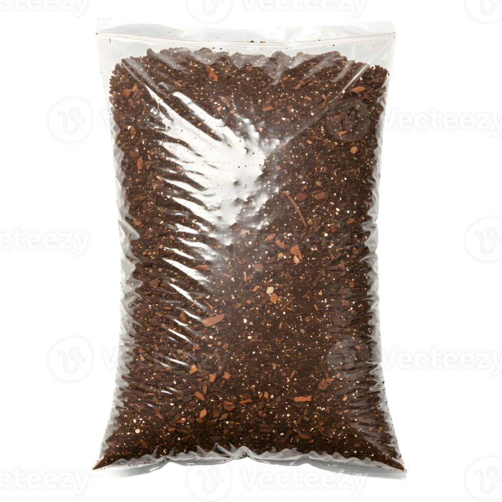 Dark Brown Soil in a Clear Plastic Bag on Transparent Background png