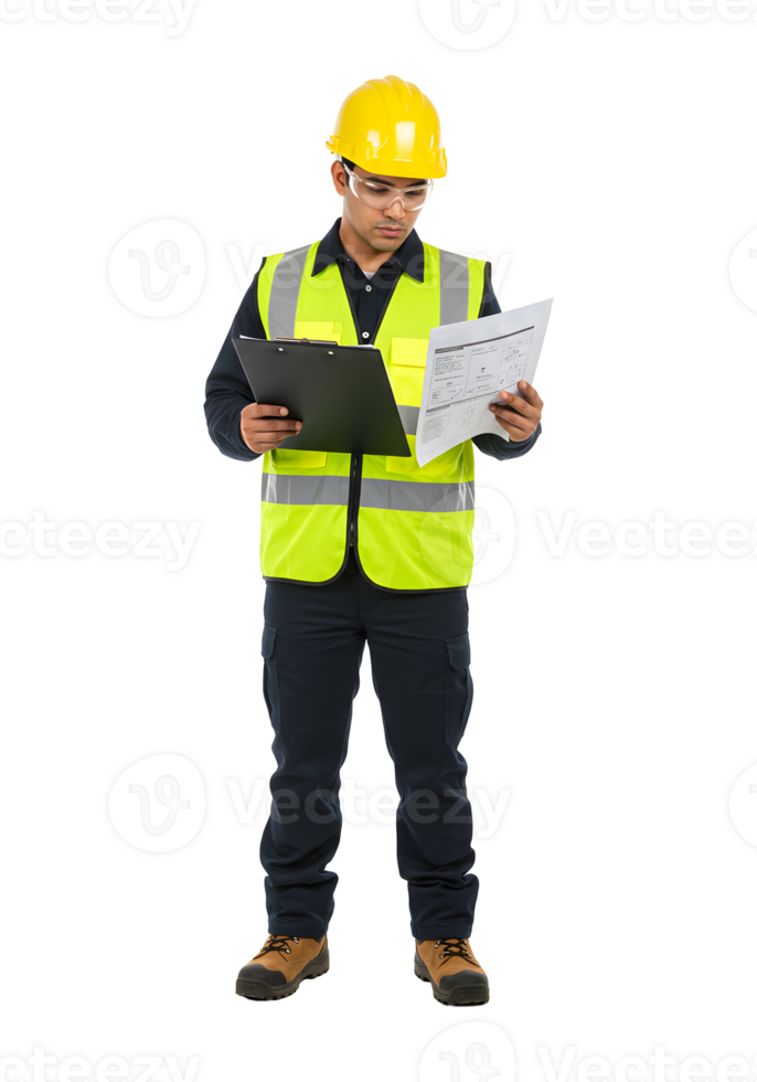 Focused Construction Worker Reviewing Blueprints png