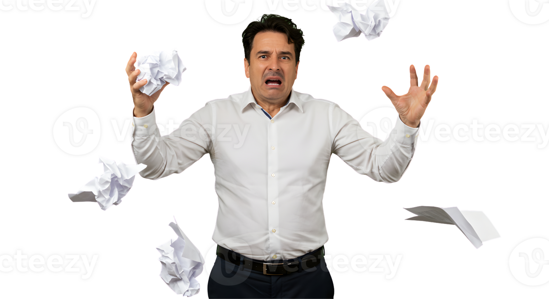 Frustrated Man Throwing Crumpled Paper Against a Black Background png