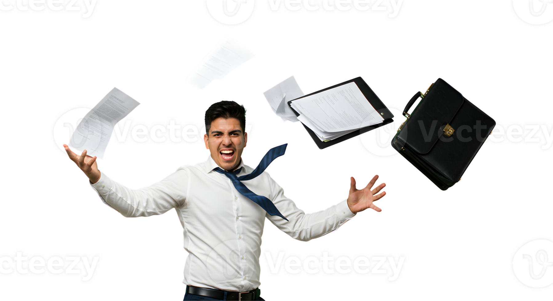 Frustrated Businessman Throwing Papers and Briefcase Against Transparent Background png