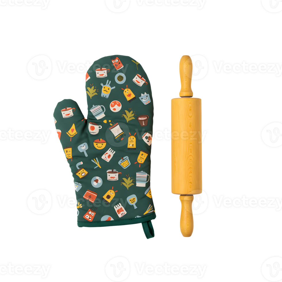 Green Oven Mitt and Wooden Rolling Pin with Illustrated Pattern png