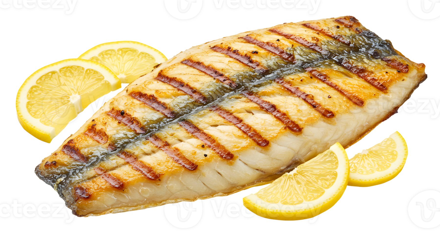 Grilled Fish Fillet with Lemon Slices on a Transparent Background png