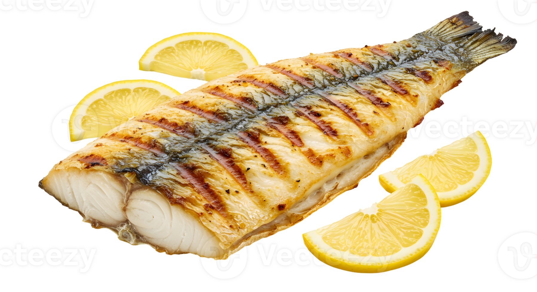 Grilled Fish with Lemon Slices on Transparent Background png