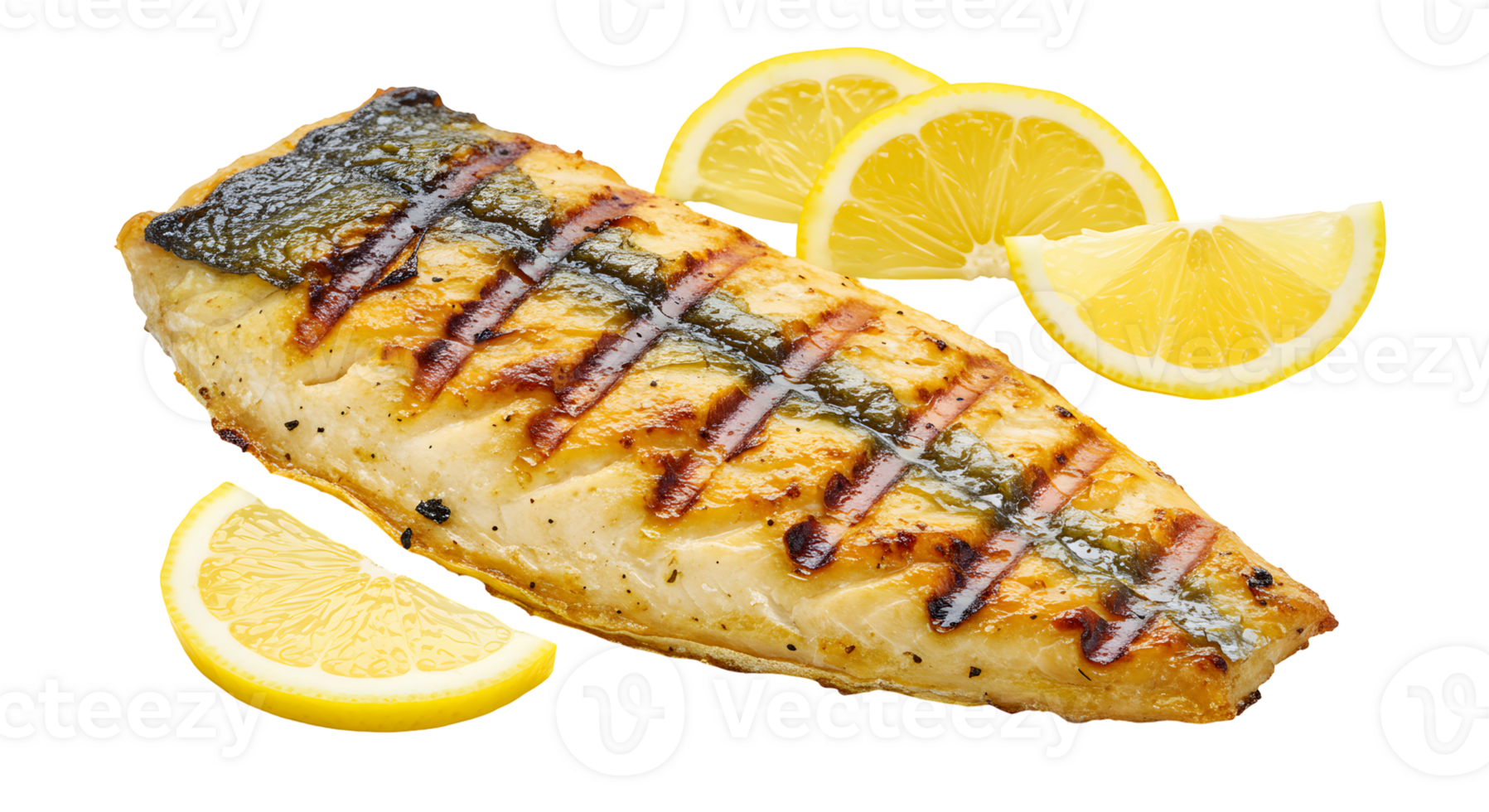 Grilled Fish with Lemon Wedges on Transparent Background png