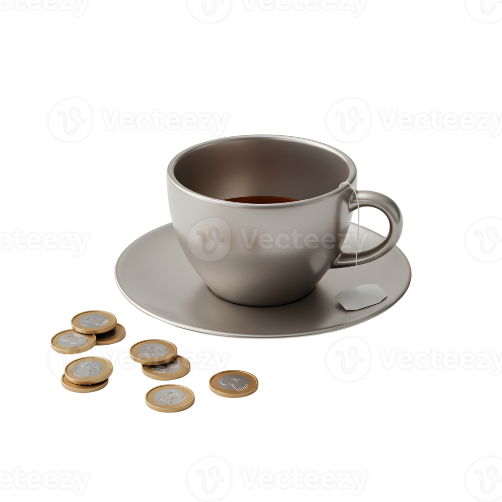 Metallic Grey Teacup and Saucer with Scattered Coins on Transparent Background png