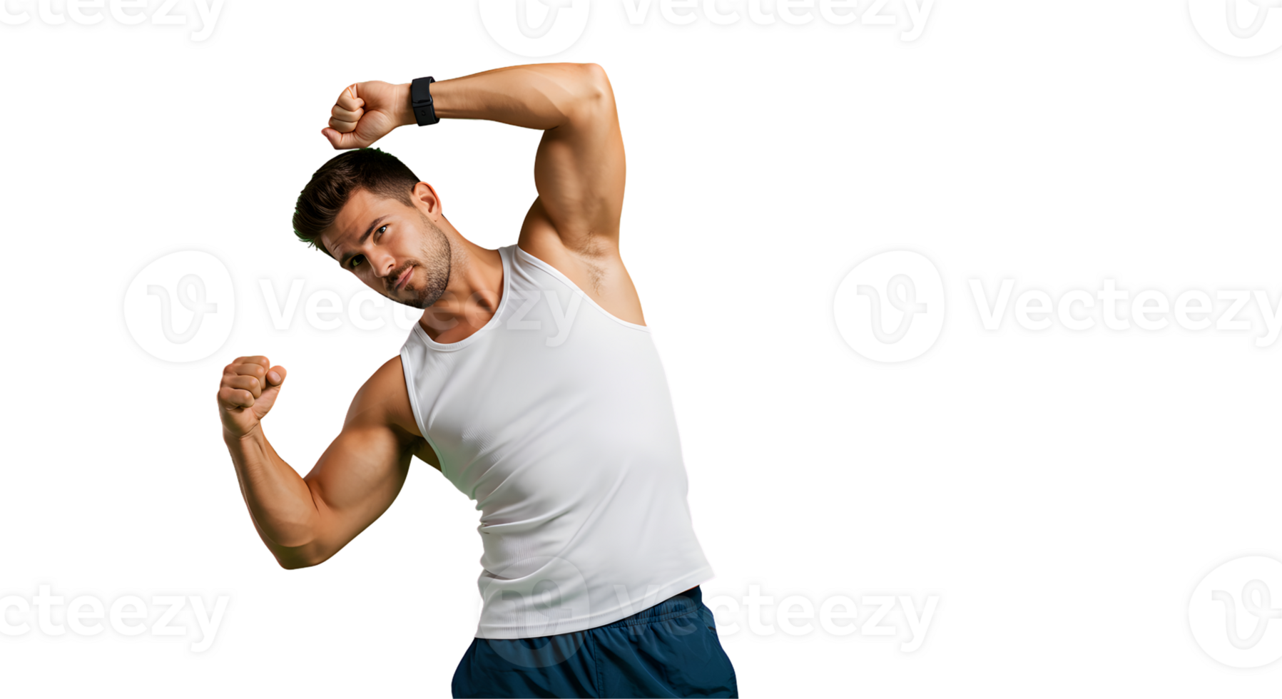 Muscular Man Flexing Muscles in White Tank Top Against Dark Background png