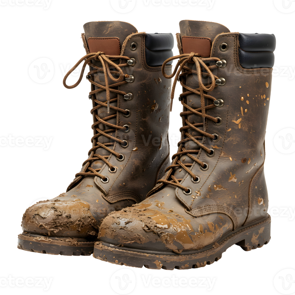Muddy Brown Leather Boots on Transparent Background png