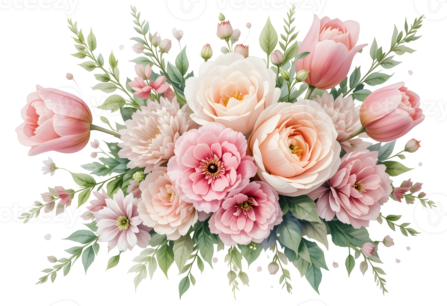 Pastel Pink and Peach Rose and Tulip Bouquet with Greenery png