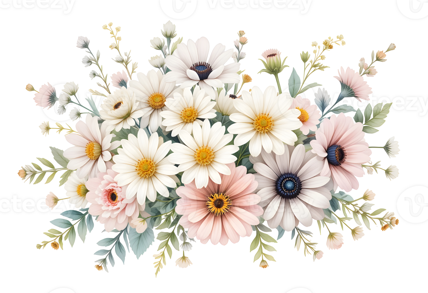 Pastel Watercolor Flower Bouquet with White and Pink Daisies png